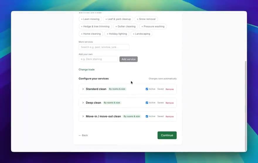 Setting up Sorvius for a house cleaning business: choosing Home Cleaning, pricing a standard clean by bedrooms, bathrooms and home size, adding deep and move-out cleans, and choosing the service area.