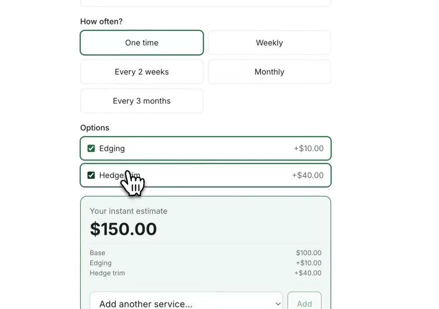 The Sorvius booking widget for a lawn care business: the customer picks a lawn size range, adds edging and a hedge trim, sees the total with tax, and picks a start date and time.