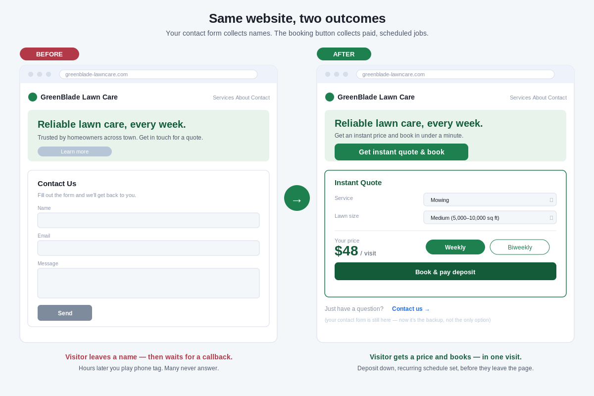 The Sorvius booking widget on a service business's website: a customer picks a service, enters the details, and sees an instant price.